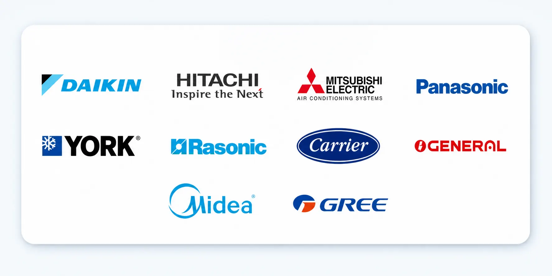 Air conditioning brand partners including Daikin, Hitachi, Mitsubishi Electric, Panasonic, York, Rasonic, Carrier, General, Midea and Gree